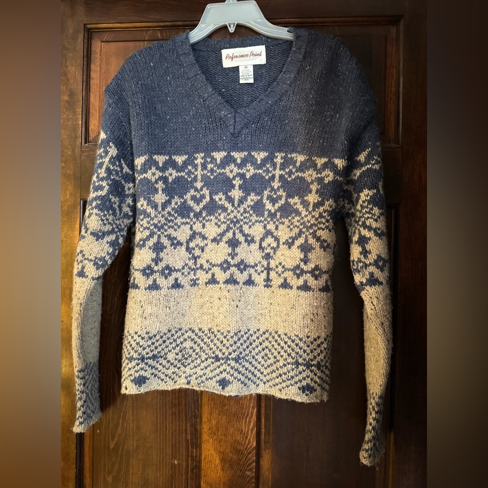 Vintage Reference Point Wool Blend Sweater Fair Isle Design Blue Tan Size Medium
